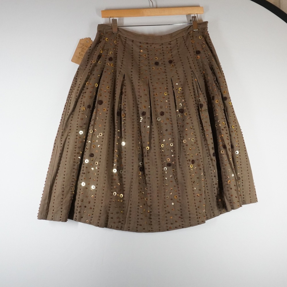 VTG Carol Little Skirt Women 12 Brown Beaded Sequin Linen Blend Midi‎ Pleated